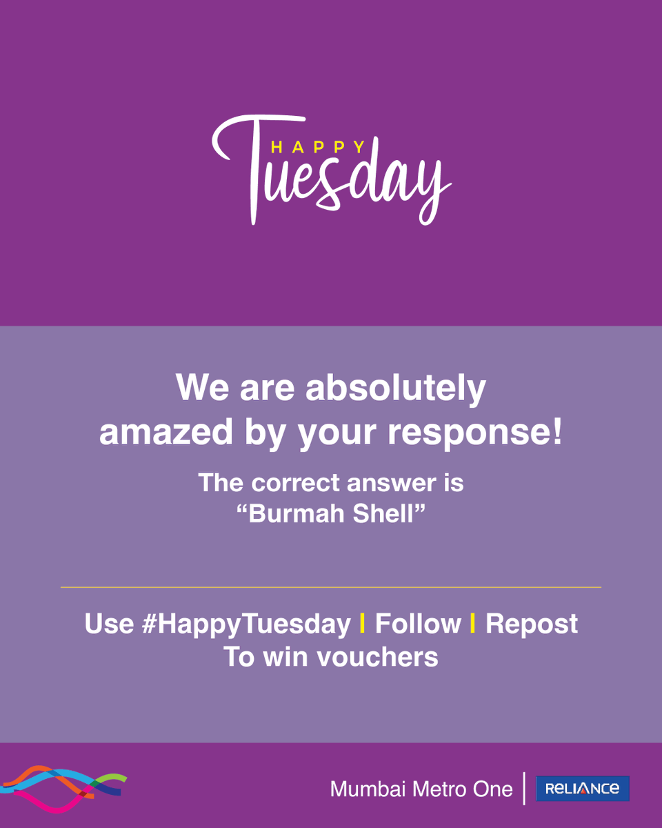 MumbaiMetro01's tweet image. A huge thank you to all for participating. 

Prizes will be awarded to 50 winners, first 25 correct entries and additional 25 winners by draw.

Mention #HappyTuesday with your answer, follow us and repost to participate and win every Tuesday.

#Contestalert #winprizes