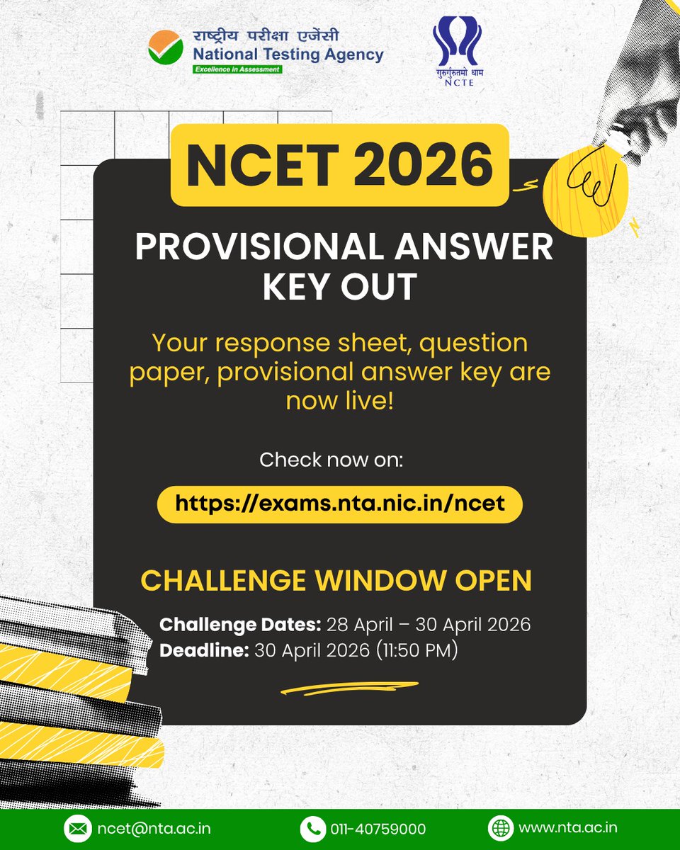 deepanand90's tweet photo. NCET 2026 provisional answer key is now available.
You can check your response sheet and question paper easily on the official website.
If needed, submit your challenge within the given dates.

Check here: https://t.co/0VFrI7Iy6q

#NTA #NTAUpdate #NTAExams #NCET2026 #AnswerKey https://t.co/VR6AT3oHWB