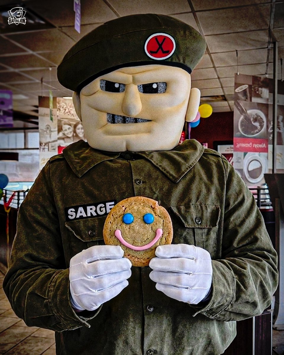 OHLBattalion's tweet photo. Sarge got his, go get yours #7thMan 

Smile Cookies are back at Tim Hortons until May 3, with proceeds going in North Bay going to the North Bay and District Humane Society 🍪💚 https://t.co/dgeaTuwVkY