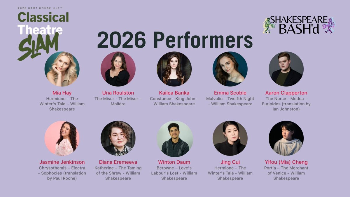 Meet the performers of the 2026 Classical Theatre Slam! 🎭
Emerging artists take the stage on May 6, bringing bold new interpretations of classical text in this high-energy showcase at Hart House Theatre. 
Presented in partnership with Shakespeare BASH'd.
harthouse.ca/theatre/show/2…