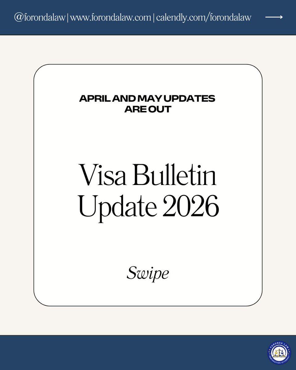 ForondaLaw's tweet image. Visa Bulletin updates can change your wait time for a green card.

forondalaw.com
calendly.com/forondalaw

#VisaBulletin #ImmigrationNews #GreenCard #USCIS #VisaUpdate #ImmigrationHelp #ForondaLaw