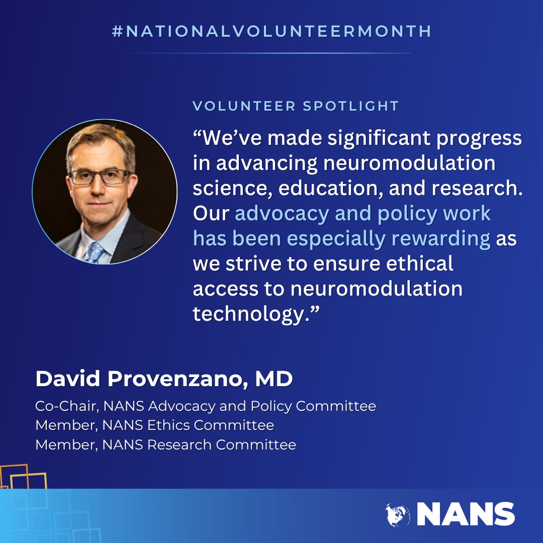 NANS_ION's tweet image. Celebrating @DProvenzanoMD this #NationalVolunteerMonth 👏

From fellows education to advocacy, his work helps advance neuromodulation and expand access to care.

Grateful for your leadership and impact. 🎉
#NANS #Neuromodulation