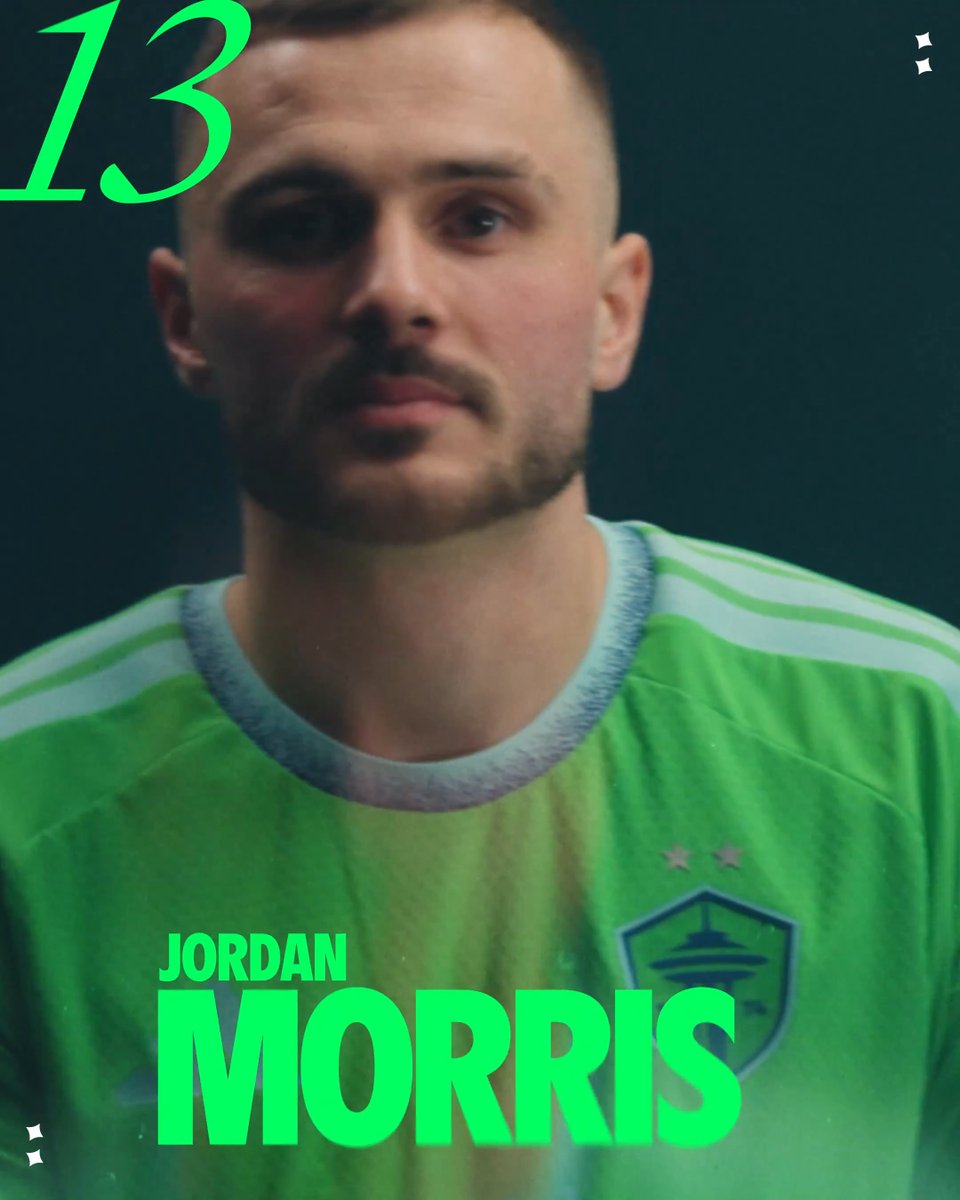 Jordan Morris, wearing the number 13 green Seattle Sounders jersey, celebrates his goal that put Seattle up 1-0 over Minnesota in the 16th minute. The graphic highlights the player's name and jersey number to celebrate the early match-winning moment referenced in the post.