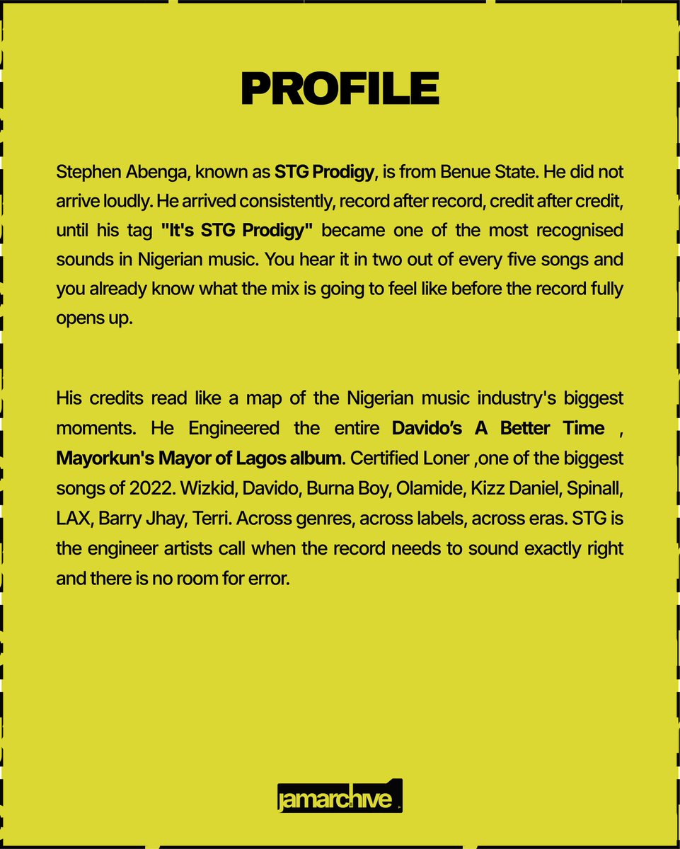 jamarchivehq's tweet image. Our Spotlight creative of the week is the Sound Mangler “STG”. STG has built a very deep catalog of engineering credits all over the afrobeats scene, once you hear the tag “It’s STG” you know it’s a smashhhh 💥.

#mixengineer #soundengineer #afrobeats
@StGthaprodigy