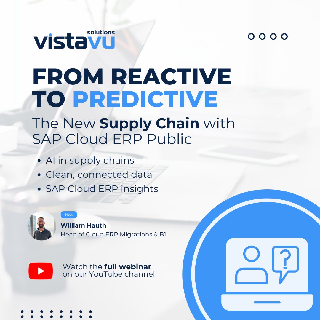 VistaVu's tweet image. 🚀 From reactive to predictive — is your supply chain ready for AI?
In this webinar, discover how SAP Cloud ERP + clean, connected data unlock smarter forecasting, automation, and real-time decisions.
Watch now 👇
hubs.ly/Q04dN0QD0
#SupplyChain #AI #SAP #ERP