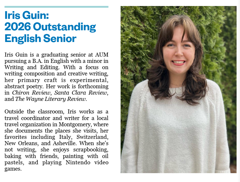 aumeandp's tweet photo. At Honors Days last week, Iris Guin, our department's outstanding student for 2026, was also recognized as the Chancellor's Scholar for the College of Liberal Arts and Social Sciences. Congratulations, Iris! https://t.co/BUJw56UrYD