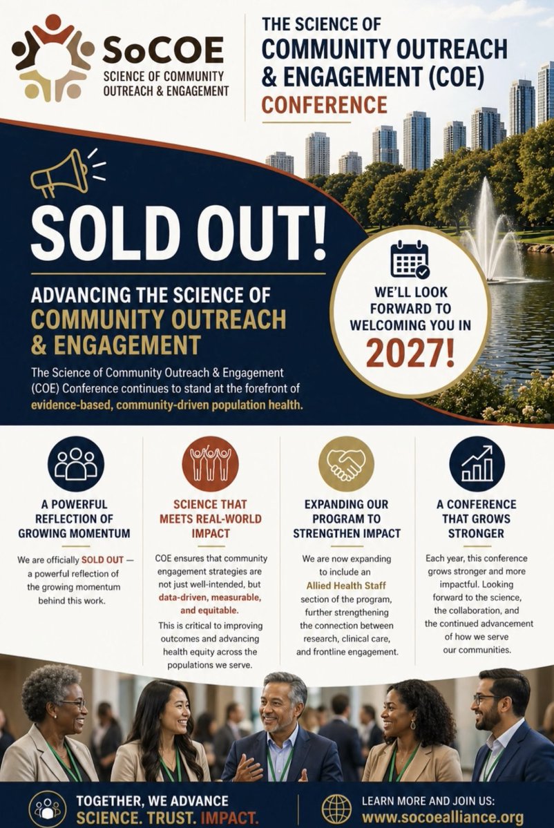 socoeoutreach's tweet image. 🚨 SOLD OUT 🚨

The SoCOE 2026 Conference is officially at capacity! Thank you to everyone who registered and helped us reach this incredible milestone, we’re beyond excited for what’s ahead.

#SoCOE2026 #SoldOut #CommunityEngagement #HealthEquity #PublicHealth #SeeYouNextYear