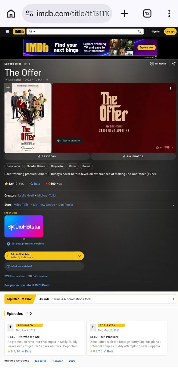 CinemaIsHeart's tweet photo. #TheOffer holds a strong IMDb rating of around 8.6/10, reflecting its highly positive reception among viewers. Audiences praised its detailed production design, authentic recreation of 1970s Hollywood, and powerful performances that bring the behind-the-scenes story of The Godfather to life in a compelling way. 🔥💯