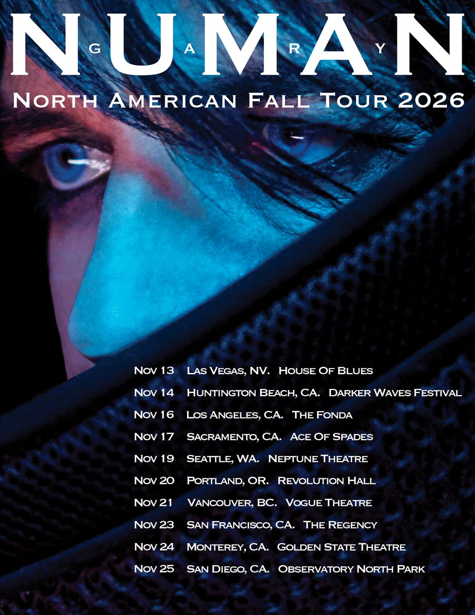 numanofficial's tweet photo. Pleased to announce a short North American tour in November around the Darker Waves festival. Tickets go on sale on Friday, May 1st at 10am PT. Ticket links for these and all other confirmed shows are here: https://t.co/d9p0s9t1f1 https://t.co/ZivmKHvgAo