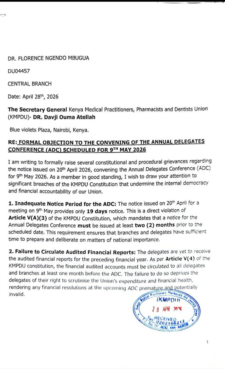NgendoMbugua's tweet photo. Formal Objection to the 9th May 2026 KMPDU ADC

Good evening Collegues,

Today I delivered a letter of formal objection to the illegal, unconstitutional and unprocedurally convened upcoming ADC on the 9th May 2026.

Collegues, we have been told many times that our katiba is the reason things cannot be done right, but today I present proof that even where the constitution is specific, our leaders have no good will to do right by members. 

We continue to push for transparency, accountability and leadership that respects and dignifies its members.

Stay strong.

Dr Florence Ng'endo
Comms lead
Drs for KMPDU Reforms.