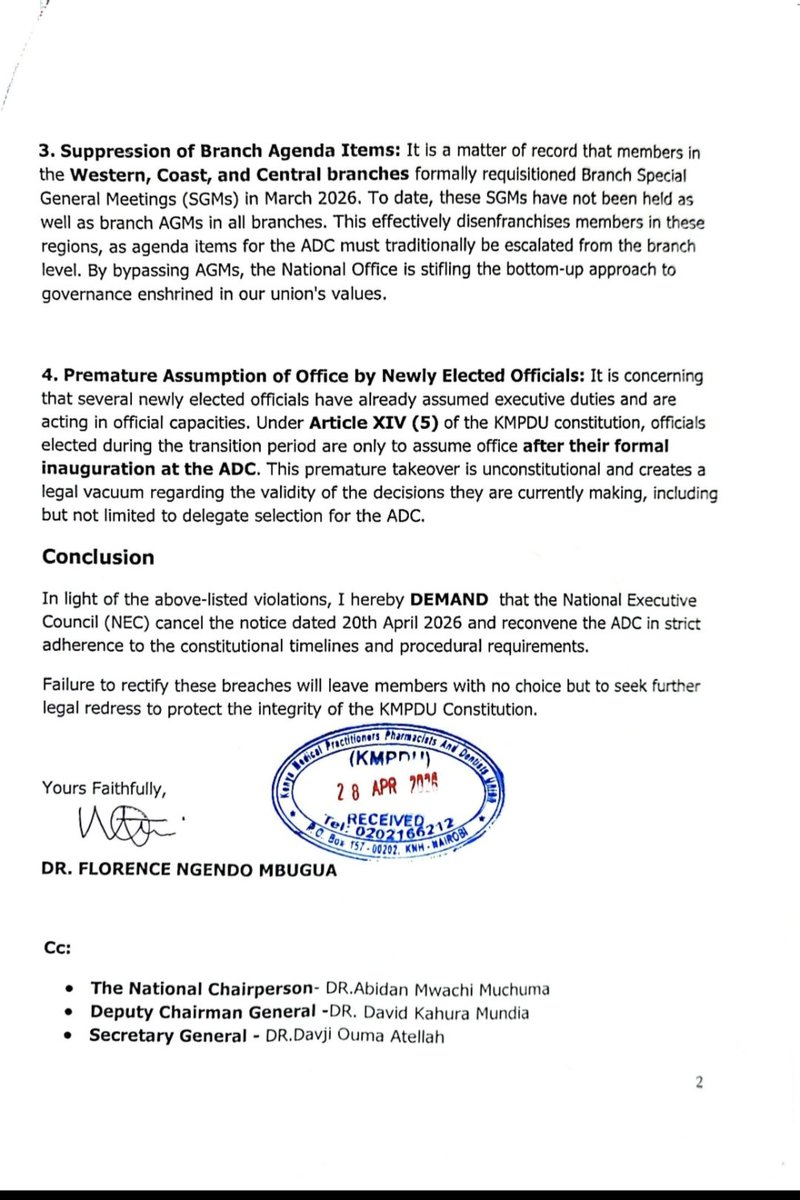 NgendoMbugua's tweet photo. Formal Objection to the 9th May 2026 KMPDU ADC

Good evening Collegues,

Today I delivered a letter of formal objection to the illegal, unconstitutional and unprocedurally convened upcoming ADC on the 9th May 2026.

Collegues, we have been told many times that our katiba is the reason things cannot be done right, but today I present proof that even where the constitution is specific, our leaders have no good will to do right by members. 

We continue to push for transparency, accountability and leadership that respects and dignifies its members.

Stay strong.

Dr Florence Ng'endo
Comms lead
Drs for KMPDU Reforms.