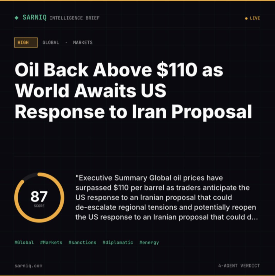 sarniqinsights's tweet image. Markets are repricing geopolitical risk in real time.

The next US response to Iran may decide whether energy volatility accelerates — or resets.

Signal detected.
Structured. Scored. Actionable.

Read full analysis ↓
#Oil #Markets #Energy #Macro #AI