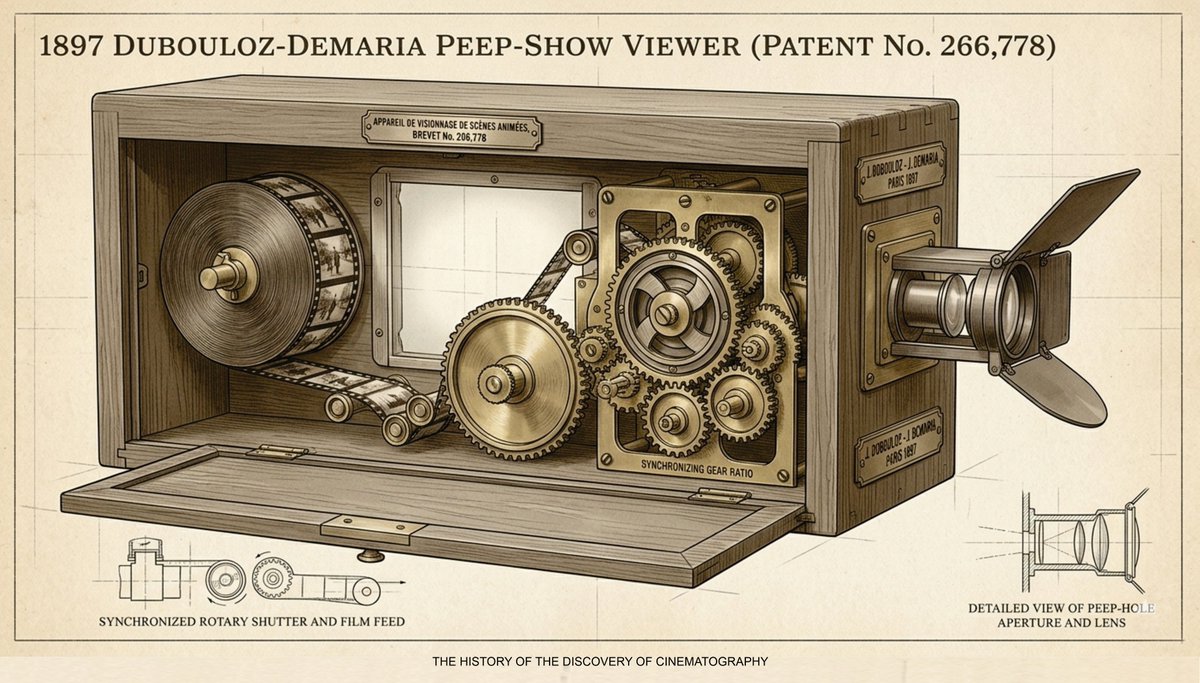 RealPreCinema's tweet image. THE 1897 PEEP-SHOW VIEWER
Another Dubouloz Demaria collaboration was the 1897 ‘Viewer.’ While the Zoographe is the most cited, Dubouloz and Demaria filed a less-famous patent on 11 May 1897, № 266778 for a "new system of viewing apparatus for animated views." 

The distinction