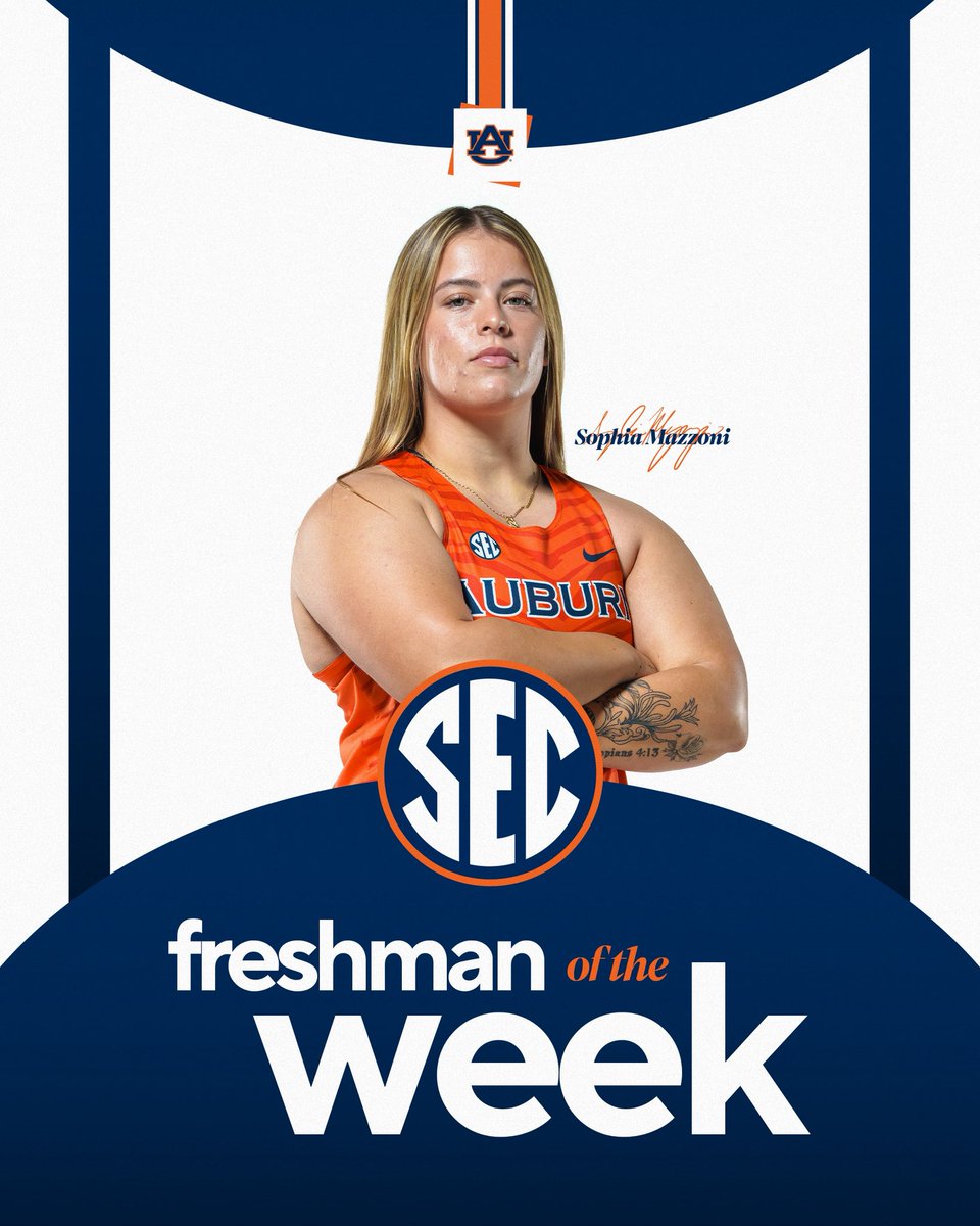 AuburnTFXC's tweet photo. Let’s go, Sophia! 💪

Sophia Mazzoni broke her own Auburn freshman record in the javelin twice at the Tiger Track Classic. Her winning mark moved her to No. 16 nationally and the top freshman in the SEC! 

#WarEagle https://t.co/upbafXQtD9