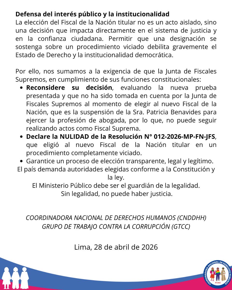 Sin legalidad, no hay justicia. ⚖️

Exigimos la nulidad de la elección de Tomás Gálvez como Fiscal de la Nación. El proceso está viciado por la participación y voto ilegal de Patricia Benavides, quien se encuentra suspendida de su ejercicio profesional.

No podemos permitir que