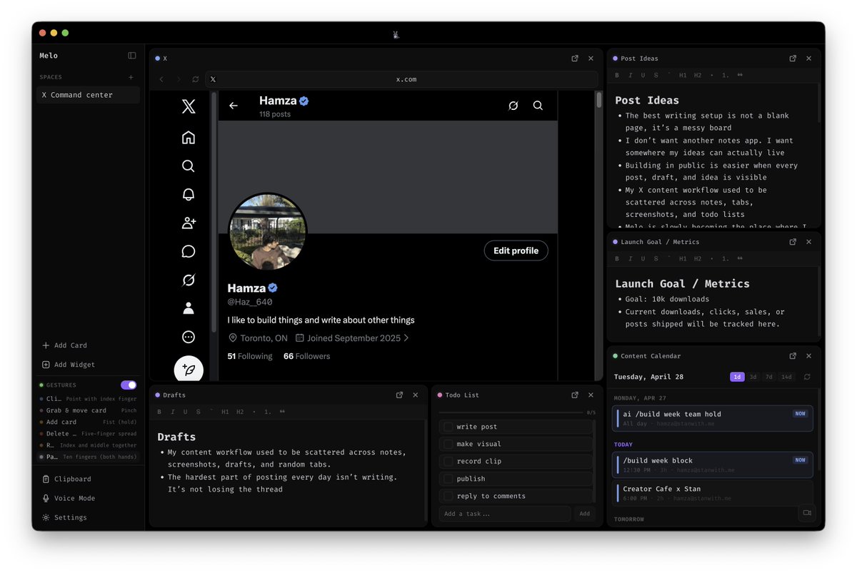 Haz__640's tweet photo. Day 2 of posting Melo every day until it hits 10k downloads.

Today: the X content setup.

Post ideas.
Drafts.
Calendar.
Todo list.
Everything I need to plan and write posts without losing the thread.
Melo is becoming my X content command center.
Link: https://t.co/8BDZn546Rz https://t.co/ADjdRMyPcl