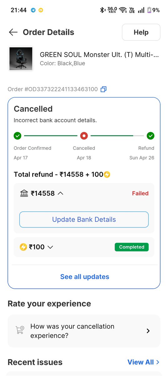 Siddharth_BRDWJ's tweet image. Ordered GREEN SOUL chair. Cancelled twice — wrong color, then wrong size.
Order: #OD337322241133463100
1st refund → ✅ Received
2nd refund → ❌ ₹14,558 FAILED
Same card. Same account. One worked. One didn't. Explain this @Flipkart.
#FlipkartRefund #FlipkartFail