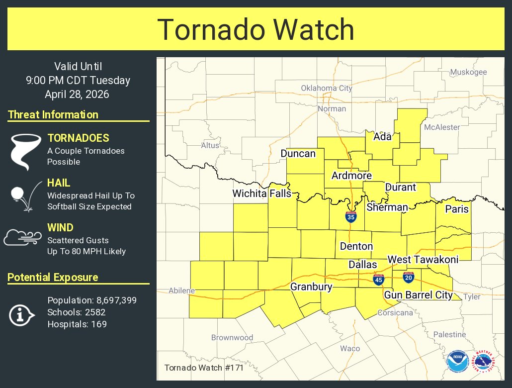 NWSFortWorth's tweet photo. A tornado watch has been issued for parts of Oklahoma and Texas until 9 PM CDT https://t.co/yCbXRXjEA2