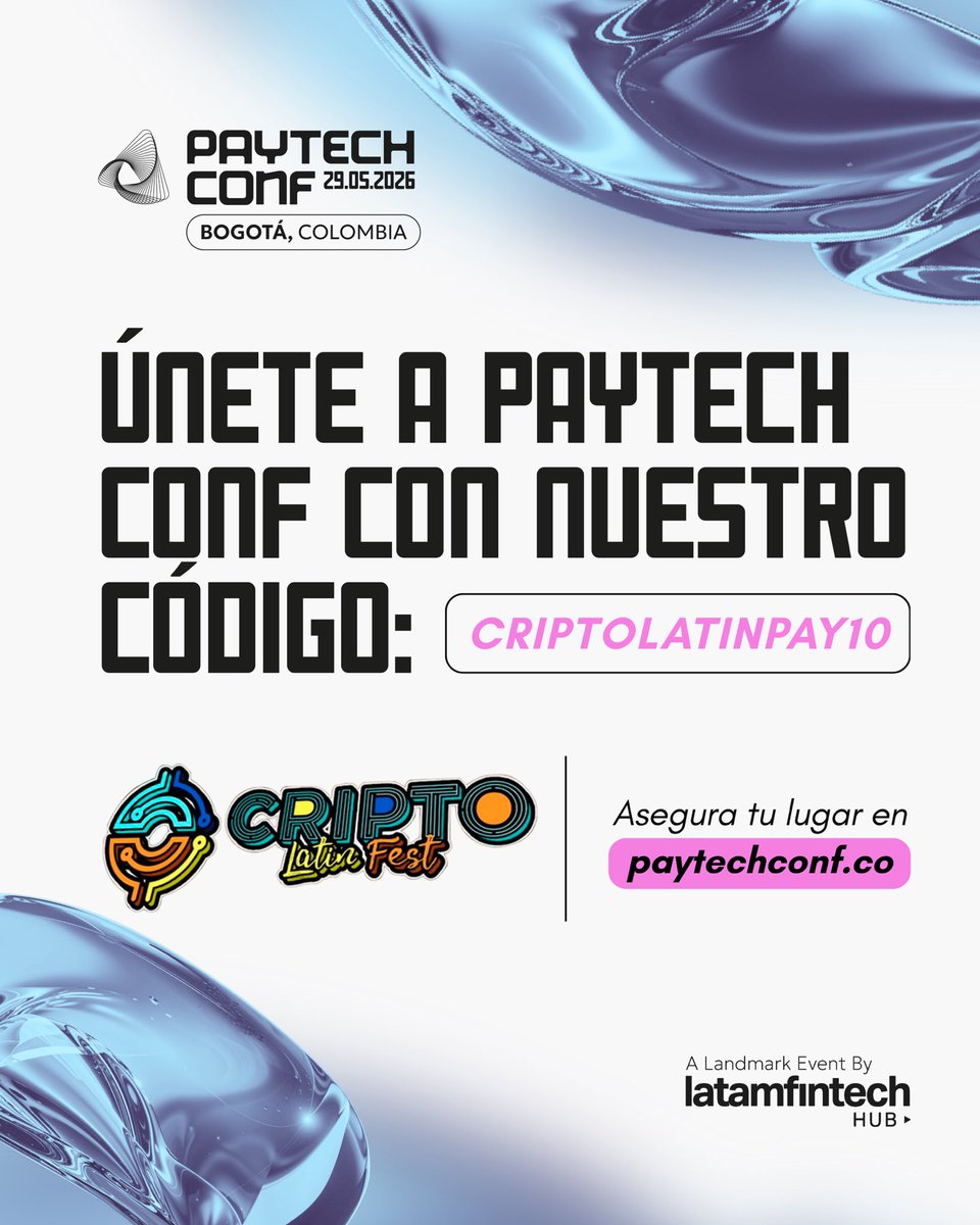 Criptolatinfest's tweet photo. ¡Nos unimos como supporters a la @PaytechConf 2026 de @latamfintechhub en Bogotá! Queremos ser parte de la innovación en pagos digitales en toda la región.
Únete a la cita más importante de la cadena de pagos en Latam, este 29 de mayo de 2026. 🚀🚀
Usa nuestro código CRYPTOLATINPAY10 y obtén 10% de descuento en tu entrada en https://t.co/eEZxb6esU0

#PagosDigitales #InnovaciónFinanciera #Fintech #LFH