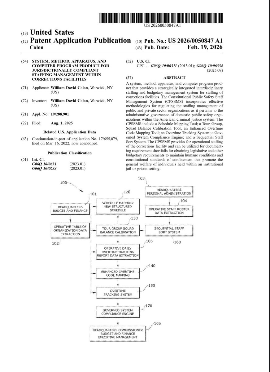 wdcolon68's tweet photo. United States Patent and Trademark Office Publication

Title: System, Method, Apparatus, and Computer Program Product for Jurisdictionally Compliant Staffing Management Within Corrections Facilities  

Publication No.: US-2026-0050847-A1
Publication Date: February 19, 2026
Application No.: 19/288,901
Applicant: William David Colón 

Status: Published Patent Application 
(Patent Pending)

This published patent application constitutes the technical foundation of the Constitutional Public Safety Staff Management System (CPSSMS).

Patent Technology Characterization

The Constitutional Public Safety Staff Management System (CPSSMS) is an Adaptive Self-Optimizing AI System.  

It continuously learns from real-world operational data, adapts dynamically to changing correctional environments (staffing levels, overtime patterns, population shifts, and regulatory requirements), and self-optimizes its internal models through backpropagation neural networks, empirical machine learning, and multivariable optimization.  

Orchestrated by a central governing engine with Human-in-the-Loop (HITL) oversight, CPSSMS iteratively refines staffing forecasts, schedule balancing, compliance monitoring, and resource allocation — thereby delivering a self-evolving platform that sustains exceptional accuracy and effectiveness over time while upholding the highest standards of jurisdictional and constitutional compliance.

The CPSSMS is classified by the USPTO under G06Q 10/06311 (Scheduling, planning, or task assignment for a person or group) and G06Q 10/0633 (Workflow analysis or management) — the precise category for advanced resource-allocation and compliance platforms. This underscores its novelty as a uniquely integrated, jurisdictionally compliant staffing engine purpose-built for 24/7 correctional operations.

Powered by an interdependent multivariable ML pipeline (RNN/LSTM forecasting, reinforcement learning optimization, PCA clustering, and backpropagation refinement), the system treats staffing as a higher-dimensional adaptive function. Delivering auditable force plots that turn every decision into a defensible, explainable output.