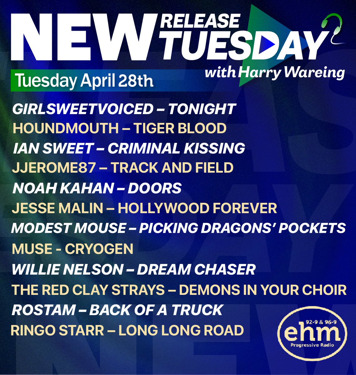 WEHMRADIO's tweet photo. #NewReleaseTuesday w/@HarryWEHMRadio day !!!! Check the awesome playlist out HERE NOW https://t.co/oU6ogFZU2L 🎶🎸🎤 #newmusic #nrt 
@girlsweetvoiced @Houndmouth @IANSWEEEEET @NoahKahan @jesse_malin @modestmouseband @museband @WillieNelson @RedClayStrays @matsoR &amp; @ringostarrmusic https://t.co/0fsWYR8O1Y