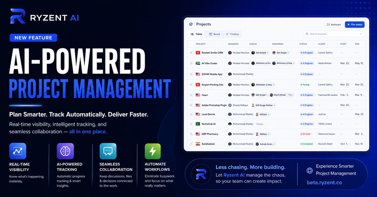 siaryzent's tweet image. Feature Drop #1 

AI-Powered Project Management
→ No more chasing updates
→ No more scattered tools
→ No more guesswork

Your projects. Fully in sync. Automatically.

#RyzentAI #BuildInPublic #Startups #AI #techstartup #shoaibrafique