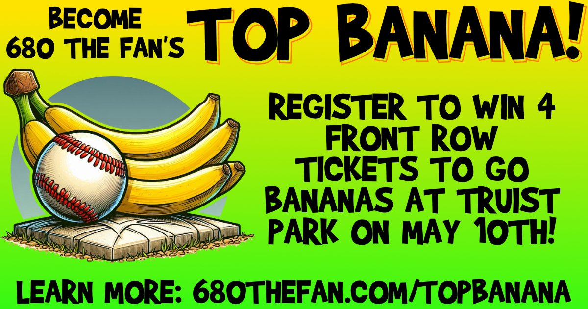 680TheFan's tweet photo. 🍌 BECOME 680 THE FAN’S TOP BANANA! 🍌

We’re giving YOU a shot at 4 FRONT ROW tickets to a game at Truist Park on May 10th.

Best seats. Free food. A once in a lifetime experience. 

👉 Register now: https://t.co/aQyIDXWqU9 https://t.co/eznn1fGqSA