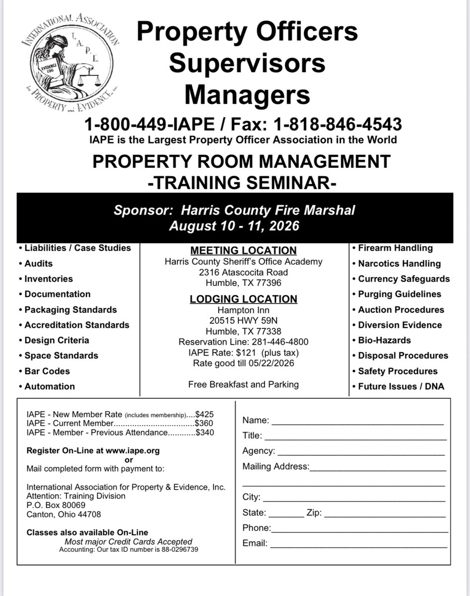 hcfmo's tweet photo. 🚨 The Harris County Fire Marshal’s Office is hosting the International Association for Property &amp; Evidence (IAPE) Property Room Management Training Seminar this August (10-11th).

Registration details, lodging information, &amp; course requirements are available on official flyer. https://t.co/6TePPWvNlA
