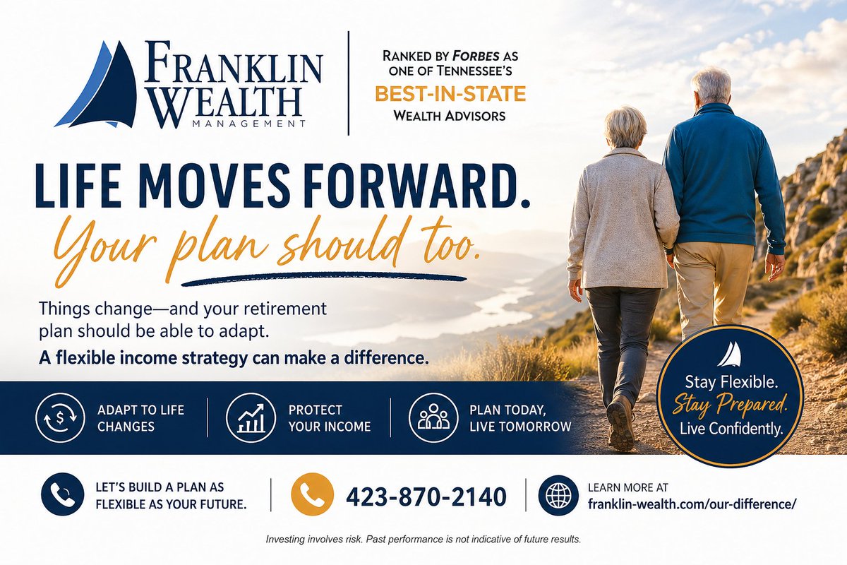 manangemen41108's tweet image. Things change -and your retirement plan should be able to adapt.
A flexible income strategy can make a difference.

Call 423-870-2140 or visit our website today - franklin-wealth.com/our-difference/

#RetirementIncome #FinancialPlanning #StayPrepared