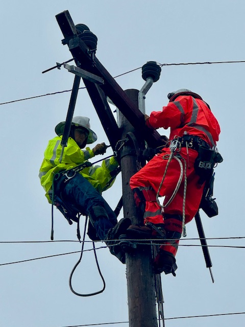 Georgia_EMC's tweet photo. Lineworkers trained in the rain at @NorthGaEMC today, deconstructing &amp; rebuilding a 3-phase line in full climbing gear. Grateful for the rain and hoping it heads to South GA soon, where it’s needed most. https://t.co/cUvx62wPxl