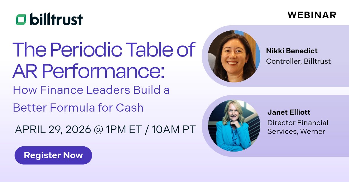 Billtrust's tweet image. Tomorrow 1 PM ET! 

Which #AR metrics actually matter? How to respond to cash risk? What makes frameworks audit-ready?

Nikki Benedict and Janet Elliott break it down. Register here: bit.ly/4taxBsm