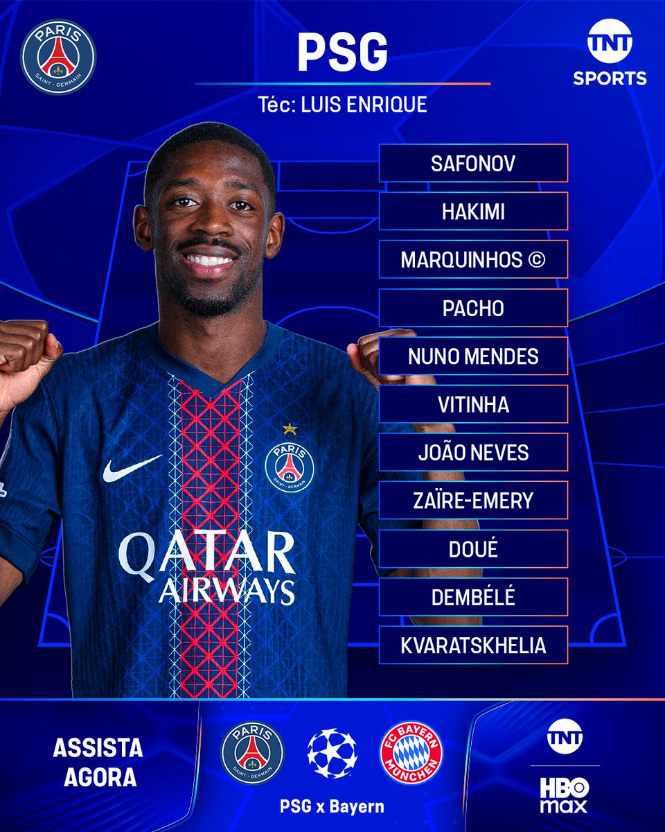 TNTSportsBR's tweet image. PSG E BAYERN ESTÃO ESCALADOS PARA O JOGAÇO DA CHAMPIONS! ⚠️🔥 Os times de Luis Enrique e Kompany estão prontos para a decisão! E aí, quem vence o jogo?

🚨 PSG x Bayern é AGORA, AO VIVO na @tntbr e na @StreamMaxBR  (bit.ly/4ojz64N)! #MFM #CasaDaChampions #HBOMax