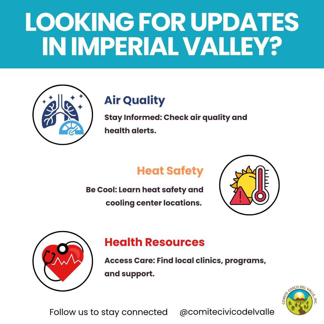 ccvhealth's tweet photo. Looking for updates on air quality, heat safety, and health resources in Imperial Valley? Follow us to stay connected with real-time tips, community programs, and ways to take action.
📲 @comitecivicodelvalle
🔗 https://t.co/Abl79s5cmQ https://t.co/sDX6gMqvMb