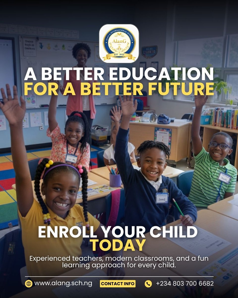 AlanGIntSchool's tweet image. A Better Education for a Better Future

📚 Enroll your child today via 🌐 alang.sch.ng
💬 Drop a comment “ADMISSION” to get details
#EducationMatters #SchoolLife #BrightFuture #AdmissionsOpen #LearnAndGrow