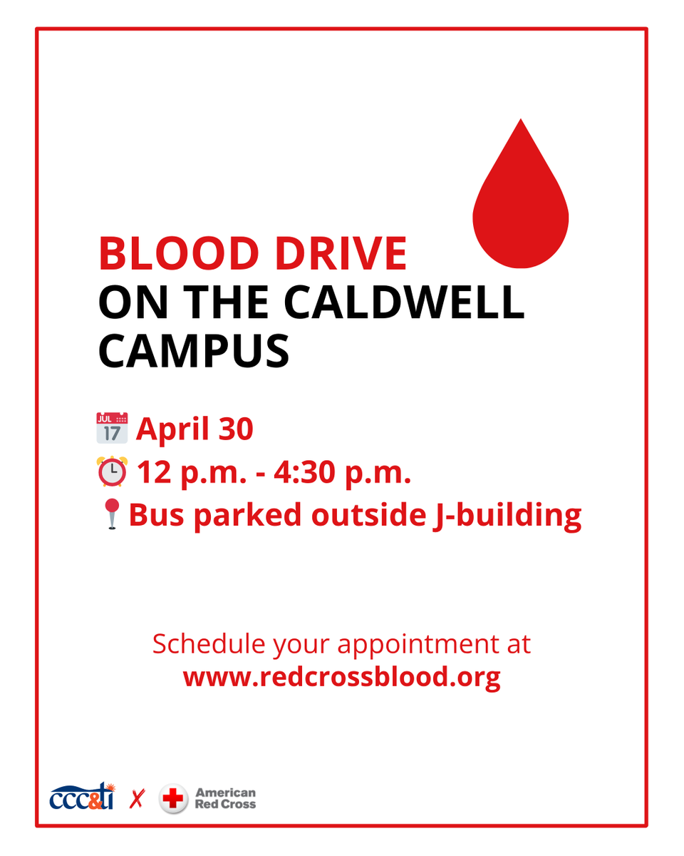 cccti's tweet image. 🩸 Give blood!
The Red Cross is coming to CCC&amp;amp;TI’s Caldwell Campus.

📅 April 30
⏰ 12 p.m. – 4:30 p.m.
📍 Bus parked outside of the J-building

Make an appointment at redcrossblood.org

#CCCTI #RedCross #BloodDrive #GiveBloodSaveLives #CommunityCare #DonateBlood