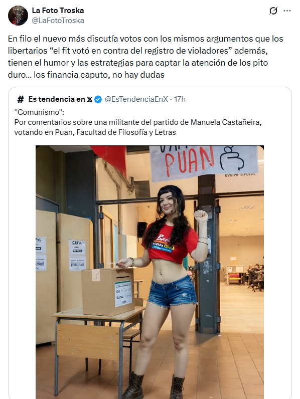el FIT está compartiendo esta imagen de una militante del Nuevo MAS s3xualizada con IA diciendo que "quiere captar la atención de los pito duro", quiero escuchar a los que lloraban por "cornudo" en una canción de escrutinio ahora denunciar esta violencia machista sin principios.