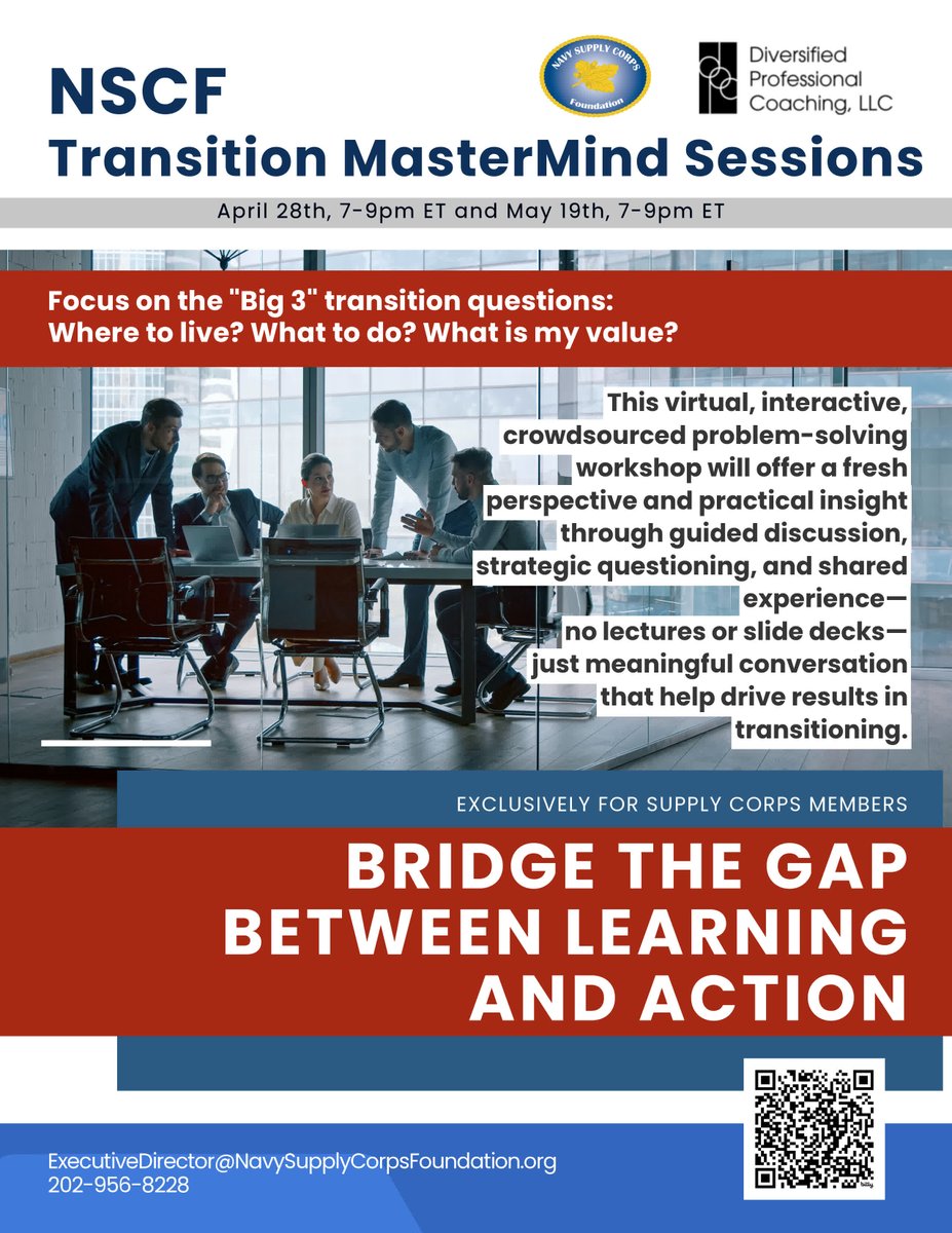 usnscf's tweet photo. Register Early for the Transition MasterMind Sessions
April 28, 7-9pm ET and May 19, 7-9pm ET
Bridge the gap between learning and action
The Navy Supply Corps Foundation is proud to announce a new partnership with Diversified Professional Coaching, LLC ... https://t.co/QFZTVjLZvE https://t.co/Milts52fIf