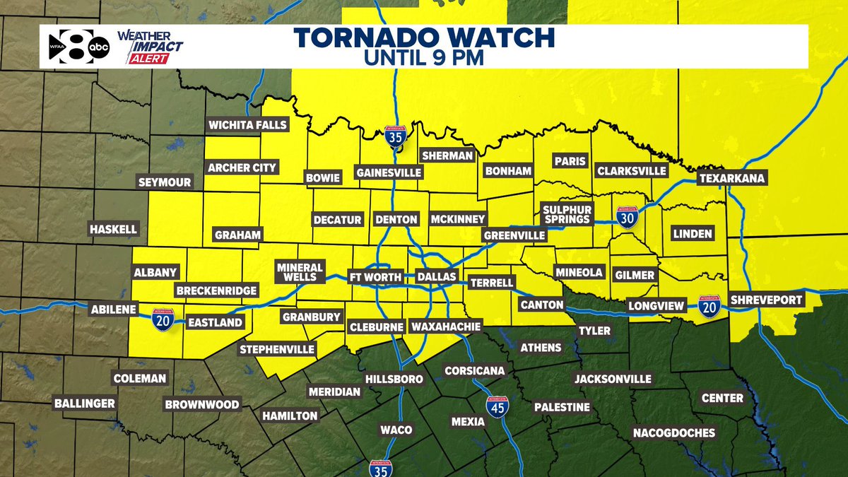 collinmyerswx's tweet image. A Tornado Watch has now been issued for almost all of #DFW thru 9pm. 
Very large hail is still the primary threat, however. Also, frequent lightning and heavy rainfall are also likely. 

@wfaa
#txwx 
#dfwwx