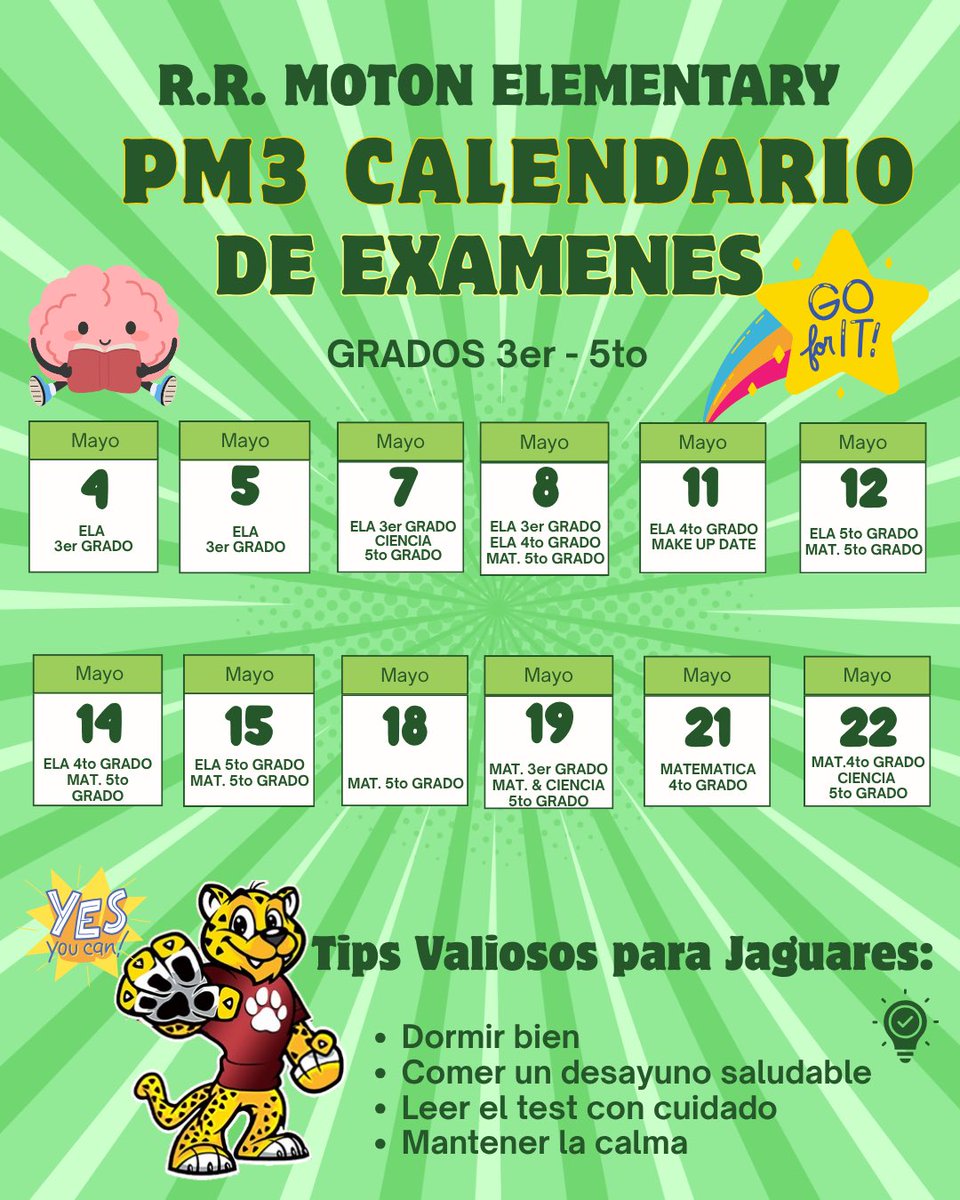 motonjaguars's tweet image. PM3 Testing Calendar 3rd-5th grade 🐾 PM3 Calendario de exámenes 3er-5to grado 🐾 #YourBestChoiceMDCPS #MDCPS #MDCPSSouth @SuptDotres @MDCPSSouth