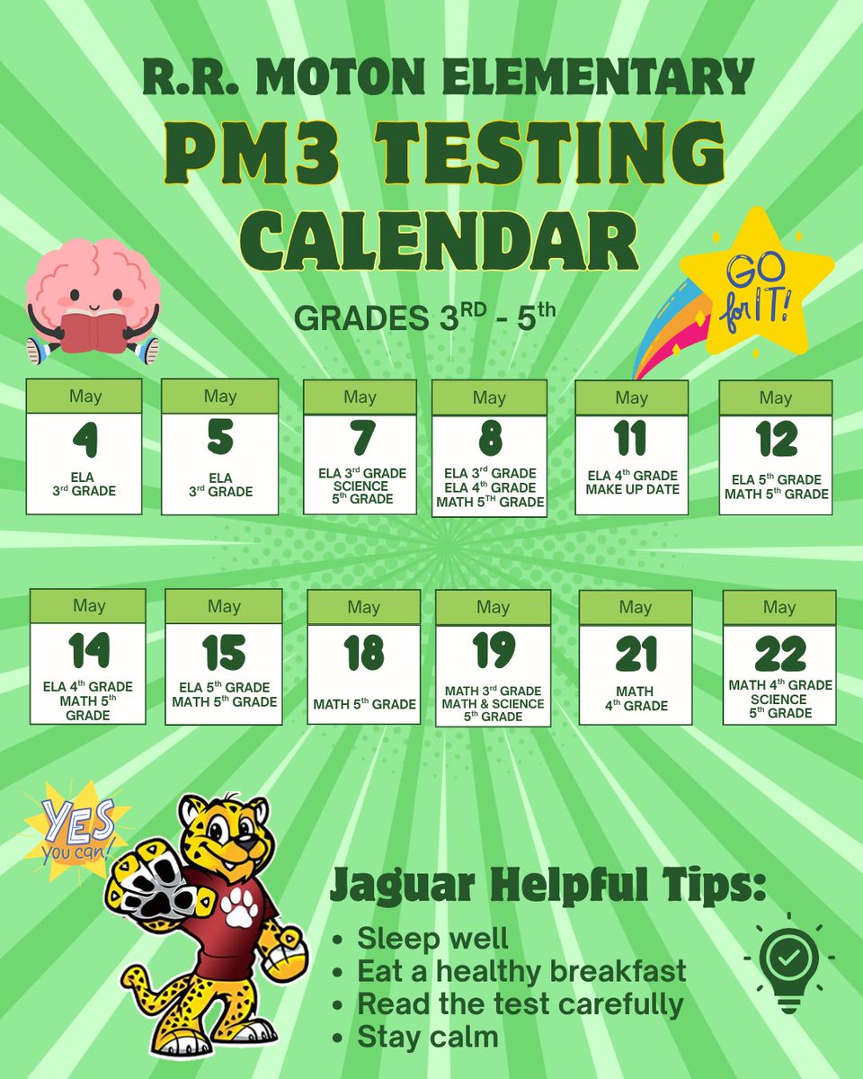 motonjaguars's tweet image. PM3 Testing Calendar 3rd-5th grade 🐾 PM3 Calendario de exámenes 3er-5to grado 🐾 #YourBestChoiceMDCPS #MDCPS #MDCPSSouth @SuptDotres @MDCPSSouth