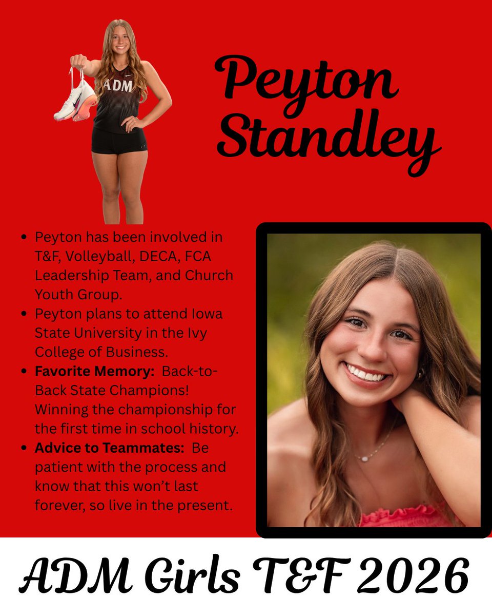 ADMGirlsTrack's tweet photo. 🌟SENIOR SPOTLIGHT🌟- Peyton Standley
Peyton is a 4-year member of the T&amp;F team.  She is a Drake medalist, a State medalist, and a member of the school record 4x100 team.  Great job, Peyton!! #BeTheReason https://t.co/jolgDuzxbG