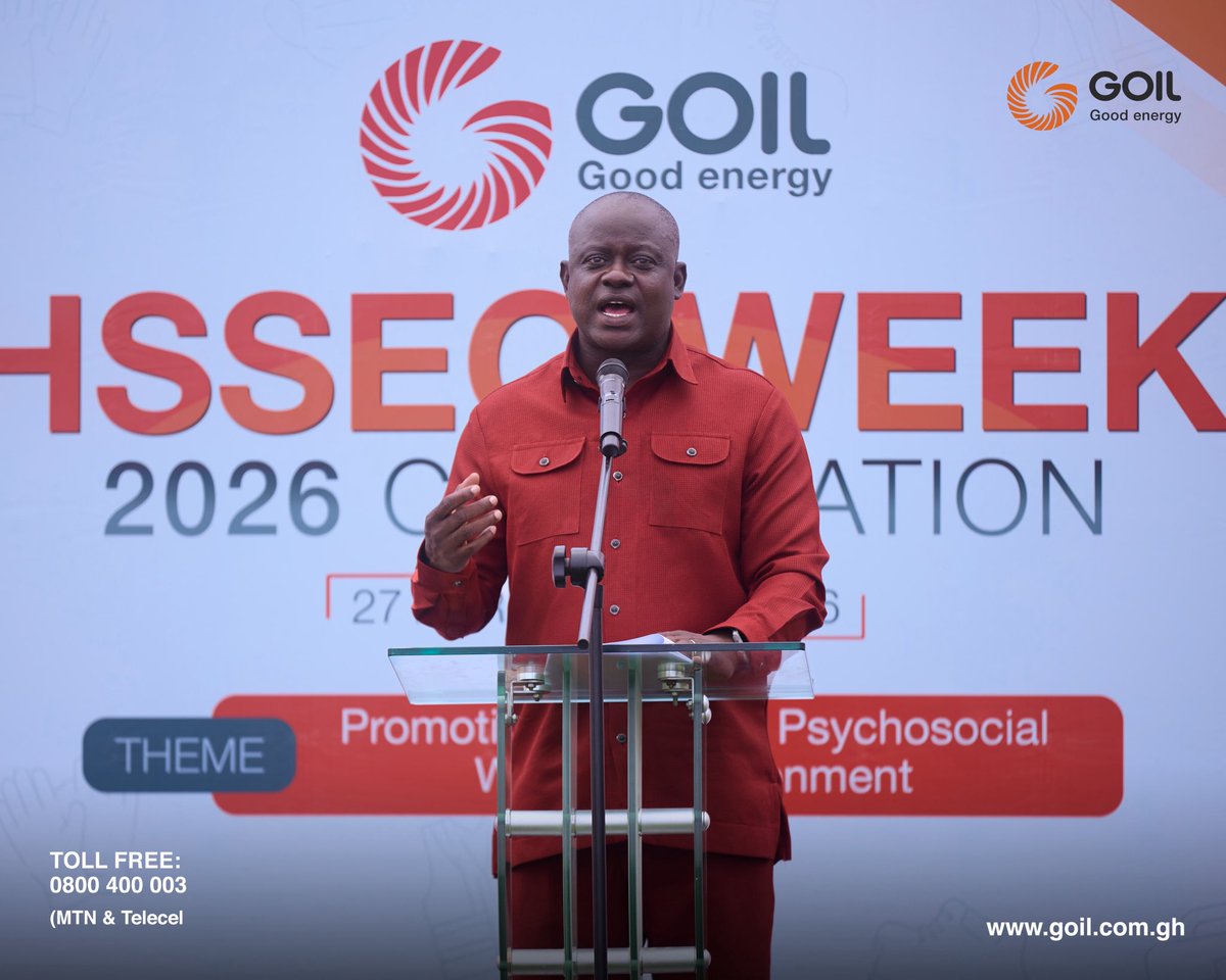 GOIL_Official's tweet photo. GOIL Launches HSSEQ Week 2026
GOIL PLC has officially launched its HSSEQ Week 2026, reinforcing our commitment to safety, quality, and people-centered operations.
Under the theme “Promoting a Positive Psychosocial Working Environment,” this year’s celebration highlights the importance of mental and emotional well-being alongside physical safety.
Group CEO and MD Edward Abambire Bawa reaffirmed that safety remains central to GOIL’s operations, noting our triple ISO certification. The Head of HSSEQ added that the initiative aims to strengthen safety culture and address psychosocial risks.
The CEO of the NPA, Mr. Godwin Kudzo Tameklo, commended GOIL and unveiled the Staff HSSEQ Handbook, describing it as a model for the industry and a sign of real leadership. Other stakeholders also praised GOIL’s strong compliance record.
Other stakeholders, including the Chief Executive of COMAC, Dr Riverson Oppong, and the Director of Compliance at the Environmental Protection Authority, praised GOIL for its leadership in safety and its strong regulatory compliance record
Keynote speaker Dr. Robert Amesiya emphasized that true workplace safety must include mental well-being, urging continued investment in supportive environments.
As we roll out a week of impactful activities, GOIL remains committed to building a culture where safety, care, and people come first.
GOIL - Good Energy

#HSSEQWeek2026 #GoodEnergy #SafetyCulture #PsychosocialRisks #WorkplaceWellbeing