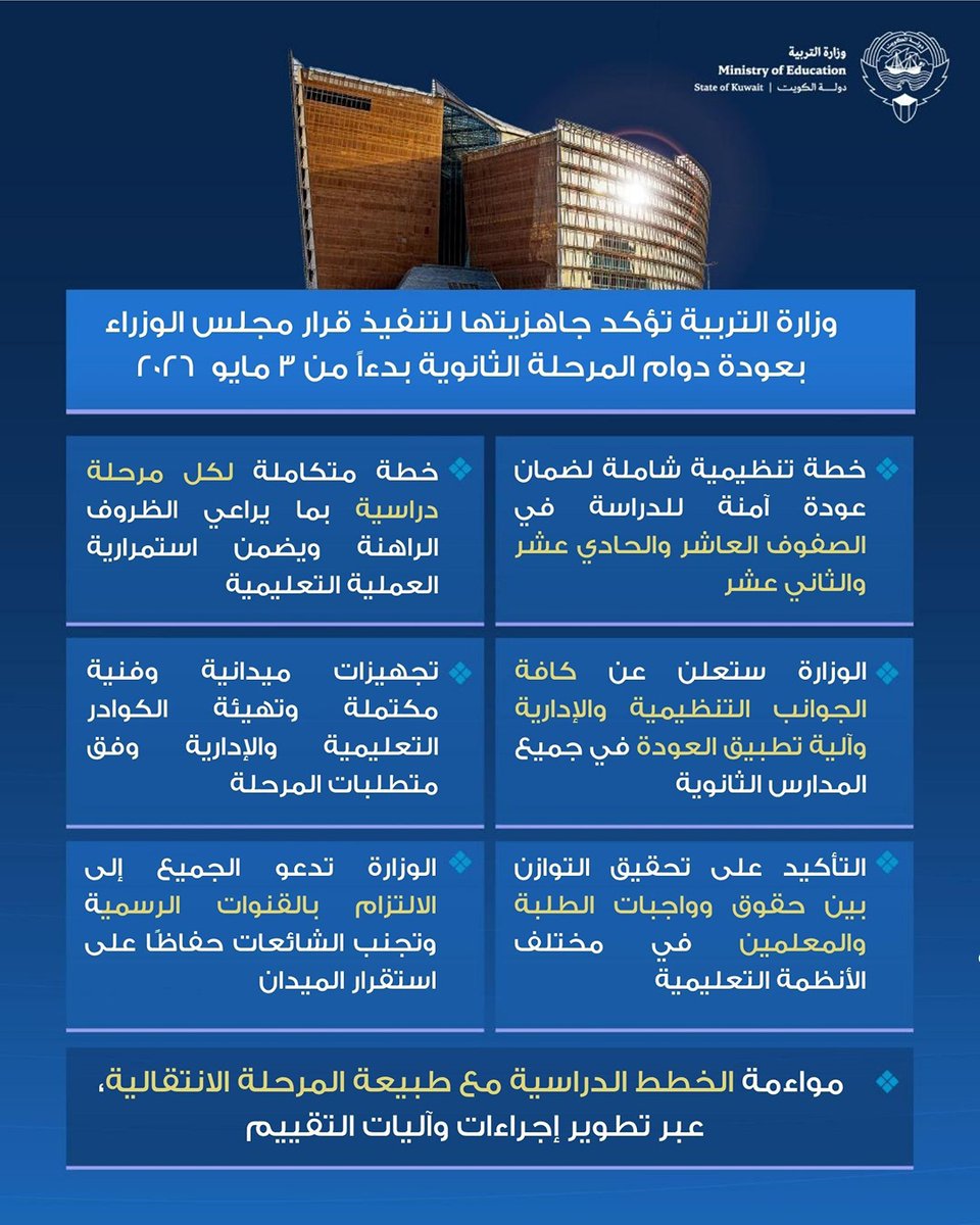 - وزارة التربية تؤكد جاهزيتها لتنفيذ قرار مجلس الوزراء بعودة دوام المرحلة الثانوية بدءاً من 3 مايو

في ضوء تنفيذ قرار مجلس الوزراء الموقر بشأن عودة الدوام المدرسي لكافة المتعلمين وأعضاء الهيئتين التعليمية والإدارية في جميع صفوف المرحلة الثانوية فقط (العاشر والحادي عشر والثاني