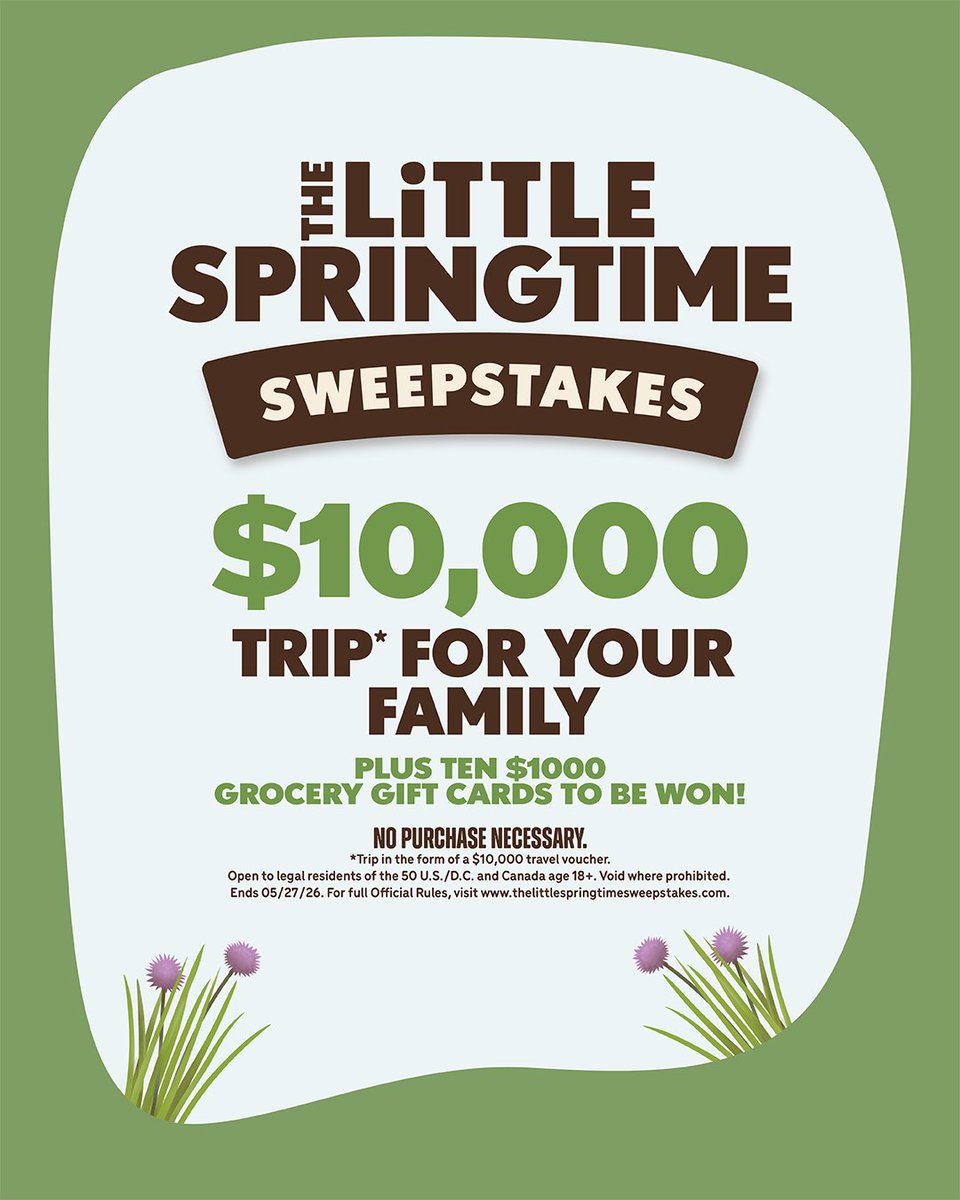 The Little Springtime Sweepstakes is open! One winner in Canada and one in the USA will each receive a $10,000 travel voucher, plus, 10 $1,000 grocery gift cards in both countries.

Enter at TheLittleSpringtimeSweepstakes.com.

NO PURCHASE NECESSARY. Click for Rules. Ends 05/27/26.
