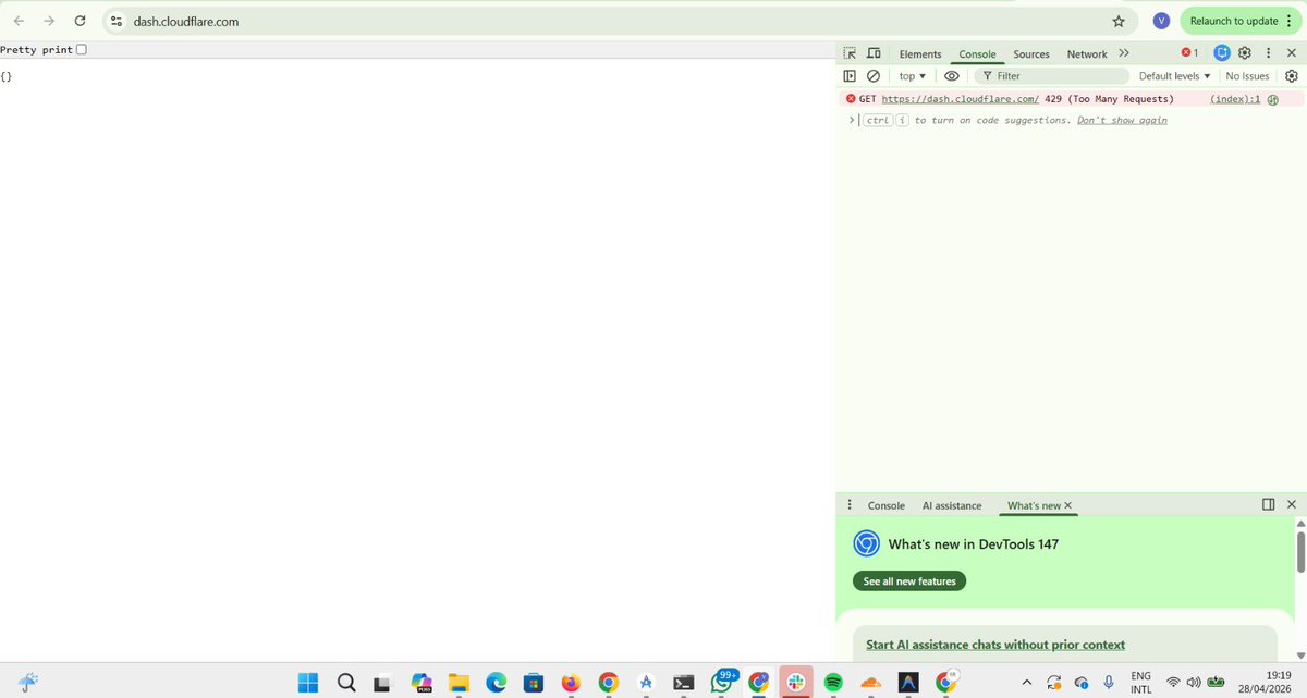 I opened <a href="/Cloudflare/">Cloudflare</a> for the first time and I'm seeing 429…. 

It's been like that for over 2 hours now.