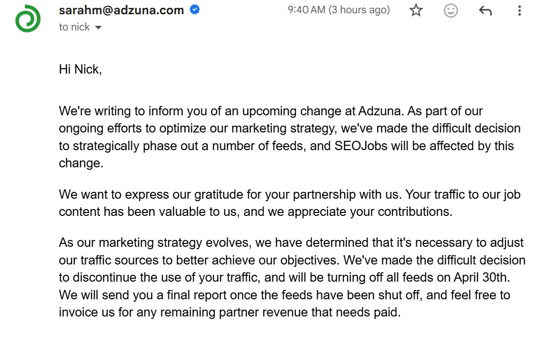 NickLeRoy's tweet photo. @adzuna didn't want to mention this is a result of you firing your staff and that you don't value FREE referral traffic. 
Did it 100% for those looking for a job (I don't get paid a penny)... but I guess that's too much to ask these days. https://t.co/6NJAS0B0xS
