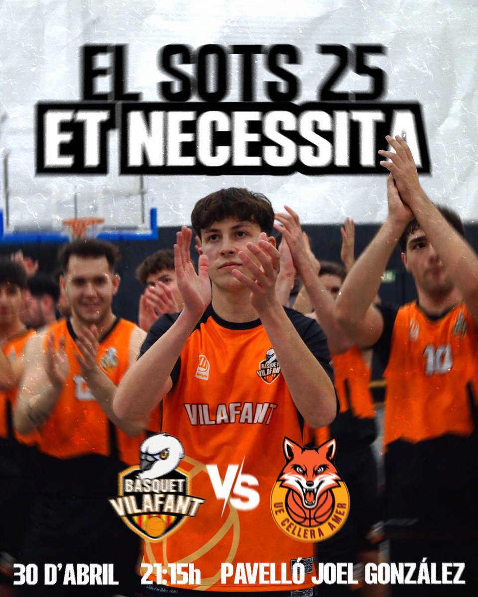 BasquetVilafant's tweet photo. 🫵🏼Vilafanàtics i vilafanàtiques, el Sots-25 Masculí us necessita! 

🔥Aquest dijous 30 d’abril a les 21:15h, al Pavelló Joel González de Vilafant, ens espera un duel intens contra el CB Cellera. Una victòria podria situar l'equip líder a falta d’una sola jornada.

🙌🏼Us hi esperem https://t.co/JUFO3qAa0o