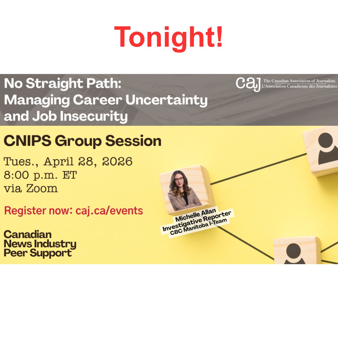 CABJMedia's tweet image. 📰 The Canadian Association of Journalists is hosting a CNIPS session focused on career uncertainty and job insecurity in media.

📍 Online via Zoom
🗓️ Tonight, April 28
⏰ 8:00 PM ET

🔗 Learn more: tinyurl.com/yjmwmp33

#Journalism #CareerGrowth