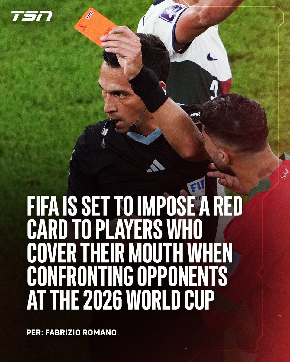 TSN_Sports's tweet image. FIFA is set to impose a red card for players who cover their mouth when confronting opponents at the upcoming #FIFAWorldCup

They also plan for an instant dismissal for players who leave the pitch in protest, per Fabrizio Romano.