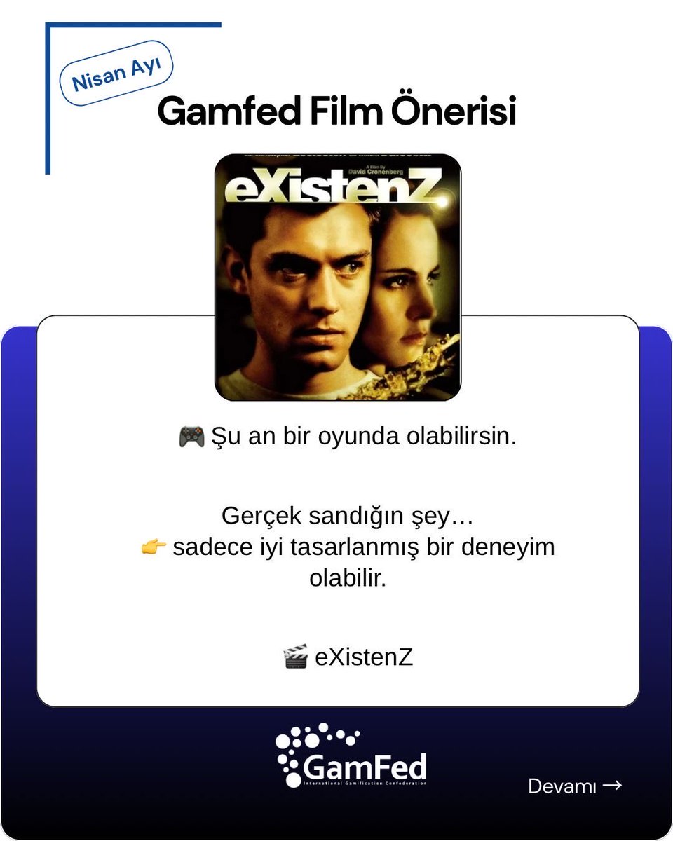 GamfedTurkiye's tweet image. Gamfed Nisan Ayı Film Önerisi: eXistenZ🚀
🎬 eXistenZ (1999), yalnızca bir bilim kurgu filmi değil; oyun, gerçeklik ve kontrol kavramlarını sorgulayan güçlü bir düşünce deneyidir.

#Gamification #GameDesign #UX #AI #GamFedTürkiye